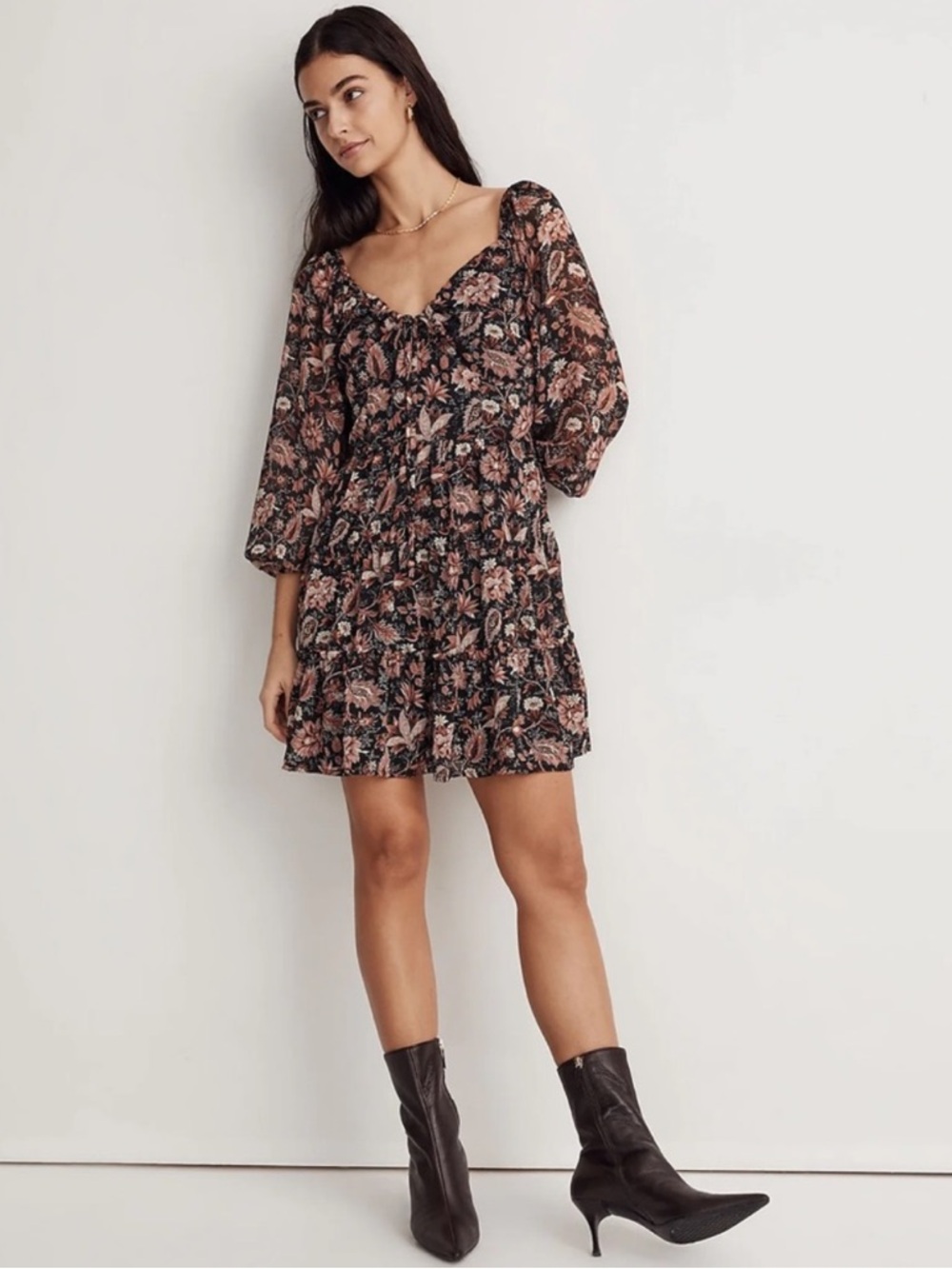 NWT Madewell Amalia Sweetheart Sheer
Quarter Sleeve Tiered Mini Dress